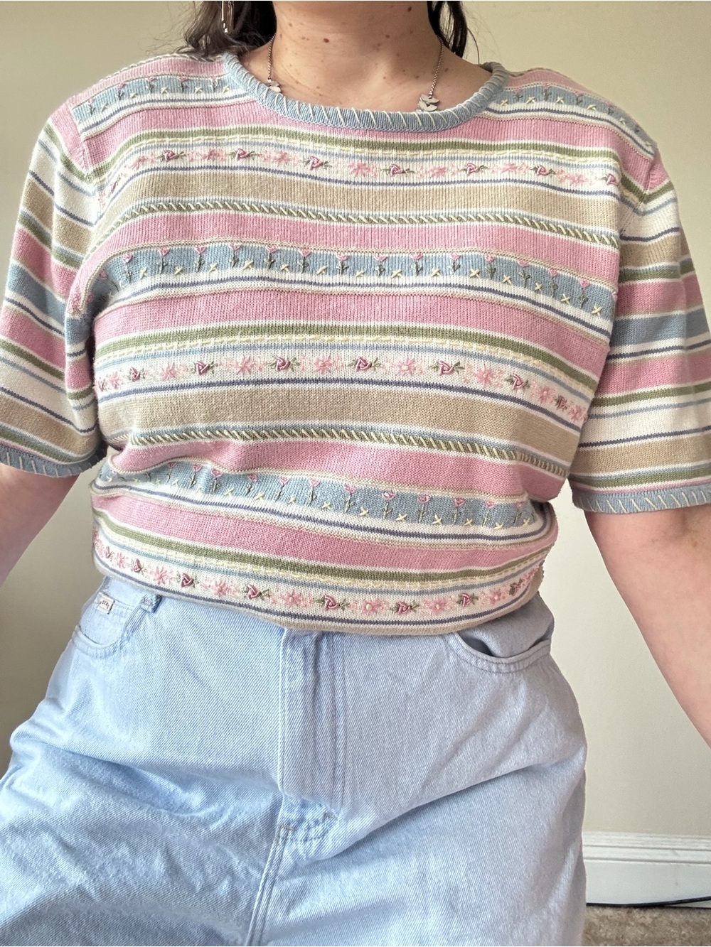 Vintage Alfred Dunner Striped Pastel Short Sleeve Knit Top - Picture 2 of 9